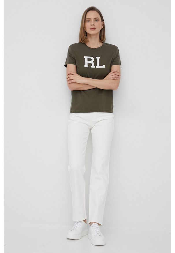 Polo Ralph Lauren t-shirt bawełniany 211847076005 kolor zielony. Typ kołnierza: polo. Kolor: zielony. Materiał: bawełna. Długość rękawa: krótki rękaw. Długość: krótkie. Wzór: nadruk