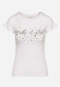 Born2be - Biały Bawełniane T-shirt z Cyrkoniami i Napisem Readia. Okazja: na co dzień. Kolor: biały. Materiał: bawełna. Wzór: napisy. Styl: klasyczny, casual #7