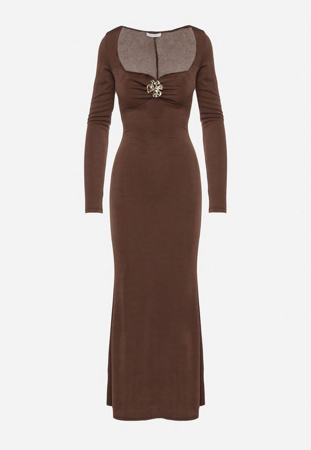 Born2be - Brązowa Sukienka Koktajlowa z Biżuteryjną Aplikacją i Długim Rękawem Idivianne. Kolor: brązowy. Długość rękawa: długi rękaw. Wzór: aplikacja. Typ sukienki: dopasowane. Styl: wizytowy
