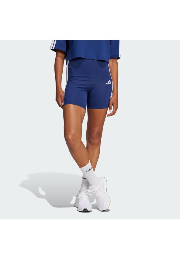 Adidas - Szorty Essentials 3-Stripes High Waisted Biker. Kolor: niebieski, wielokolorowy, biały. Materiał: bawełna. Sport: kolarstwo, fitness