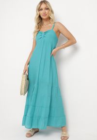 Born2be - Miętowa Sukienka z Bawełną na Regulowanych Ramiączkach z Elastyczną Gumką na Plecach Tinathias. Okazja: na spacer, na co dzień. Kolor: miętowy. Materiał: bawełna. Długość rękawa: na ramiączkach. Sezon: lato. Typ sukienki: proste. Styl: casual, klasyczny #1