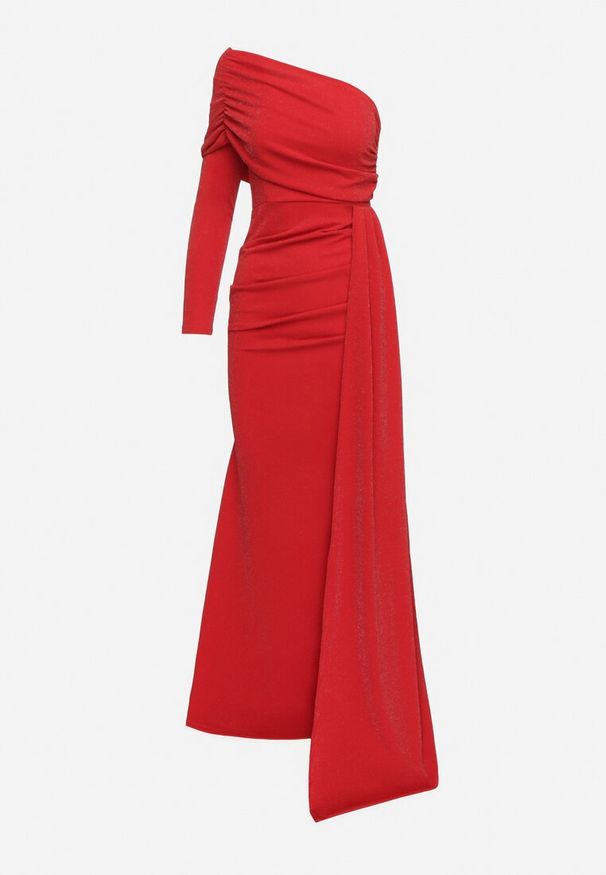 Born2be - Czerwona Asymetryczna Sukienka Koktajlowa Ozdobiona Metaliczną Nicią i Trenem Emarielin. Kolor: czerwony. Długość rękawa: długi rękaw. Wzór: aplikacja. Typ sukienki: asymetryczne. Styl: wizytowy. Długość: maxi