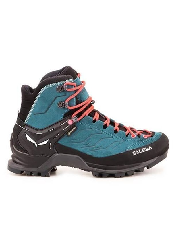 Buty trekkingowe damskie Salewa Mtn Trainer Mid Gtx. Wysokość cholewki: za kostkę. Zapięcie: sznurówki. Kolor: wielokolorowy, zielony, pomarańczowy, czarny, niebieski. Materiał: skóra, materiał, syntetyk, guma. Szerokość cholewki: normalna. Styl: sportowy
