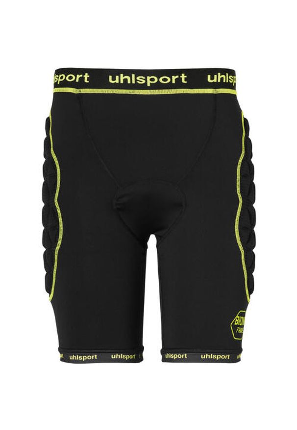 UHLSPORT - Wyściełane spodenki bramkarskie Uhlsport Bionikframe. Kolor: czarny, wielokolorowy, żółty. Długość: krótkie. Sezon: lato. Sport: fitness, piłka nożna