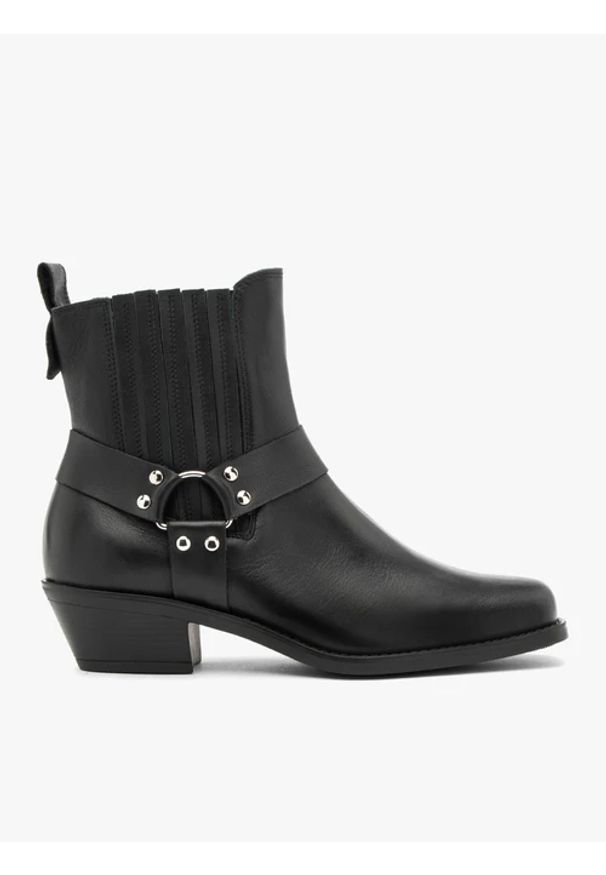 Ryłko - Czarne sztyblety ze skóry licowej. Okazja: na co dzień. Zapięcie: bez zapięcia. Kolor: czarny. Szerokość cholewki: normalna. Wysokość cholewki: za kostkę. Materiał: skóra. Obcas: na obcasie. Styl: casual, street. Wysokość obcasa: średni