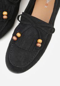 Renee - Czarne Mokasyny z Koralikami Kokardą i Frędzlami Nahda. Okazja: na co dzień. Kolor: czarny. Materiał: jeans. Styl: casual, street #7