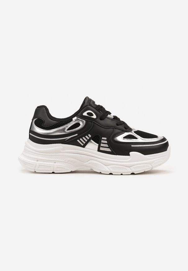 Renee - Czarne Sneakersy na Tłoczonej Podeszwie z Ozdobnymi Wstawkami Lanevi. Kolor: czarny. Wzór: aplikacja, kolorowy