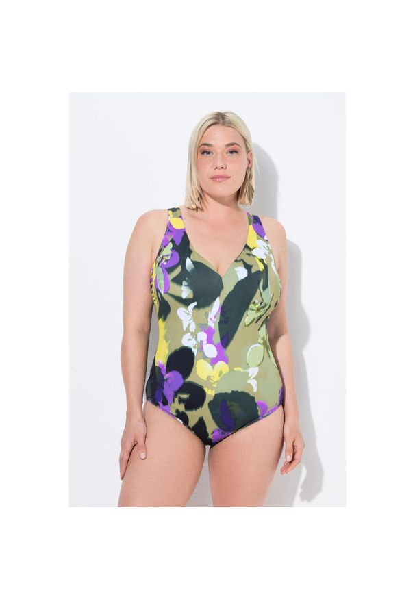 ULLA POPKEN - Damski Strój kąpielowy kwiaty miękkie miseczki dekolt w serek z recyklingu. Kolekcja: plus size. Kolor: zielony. Materiał: poliester, elastan, poliamid, materiał. Wzór: kwiaty