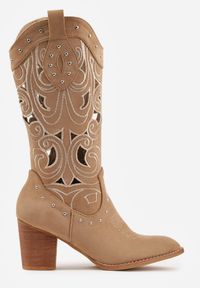 Renee - Ciemnobeżowe Ażurowe Botki Kowbojki VICES na Stożku Zdobione Nitami Sennatea. Okazja: na spacer. Kolor: beżowy. Materiał: zamsz, jeans. Wzór: ażurowy, aplikacja. Sezon: lato. Obcas: na stożku. Styl: elegancki, boho. Wysokość obcasa: średni #4