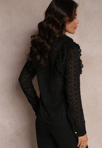 Renee - Czarna Metaliczna Koszula na Guziki z Falbanką Ettawel. Kolor: czarny. Materiał: jeans, materiał. Styl: klasyczny #5
