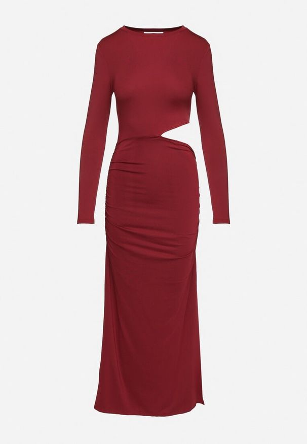 Born2be - Bordowa Sukienka Maxi o Dopasowanym Fasonie z Wycięciem w Talii Celinda. Okazja: na co dzień. Kolor: czerwony. Styl: casual. Długość: maxi