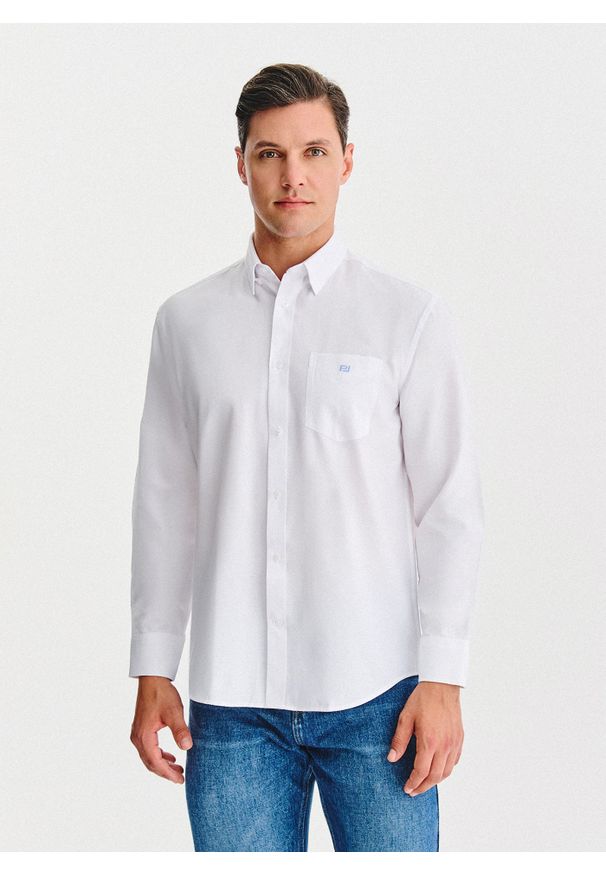 Pako Lorente - PAKO LORENTE – Biała koszula męska. Kolor: niebieski, biały. Materiał: bawełna, poliester. Długość rękawa: długi rękaw. Długość: długie
