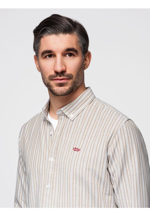 Ombre Clothing - Bawełniana koszula męska REGULAR FIT w drobne paski – beżowa V1 - Rozmiar: XL. Kolor: beżowy. Materiał: bawełna. Wzór: paski. Styl: klasyczny