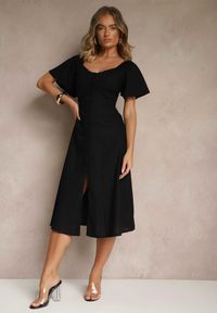 Renee - Czarna Bawełniana Sukienka z Wiązaniem i Guzikami Kolarissa. Okazja: na co dzień. Kolor: czarny. Materiał: bawełna. Typ sukienki: proste, koszulowe. Styl: elegancki, casual