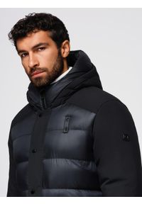 Ombre Clothing - Długa męska pikowana kurtka z dużymi kieszeniami – czarna V1 - Rozmiar: L. Typ kołnierza: kaptur. Kolor: szary. Materiał: syntetyk, tkanina, materiał. Długość: długie. Wzór: gładki #4