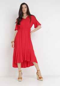 Born2be - Czerwona Sukienka Stamorus. Typ kołnierza: kołnierz z falbankami. Kolor: czerwony. Długość rękawa: krótki rękaw. Wzór: aplikacja. Styl: klasyczny. Długość: midi #6