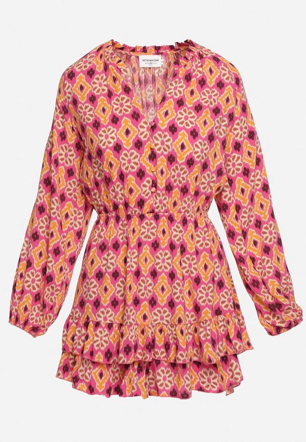 Born2be - Fuksjowo-Pomarańczowy Krótki Kombinezon z Wiskozy w Mozaikowy Wzór z Gumką w Talii Selmara. Kolor: różowy. Materiał: wiskoza. Długość: krótkie