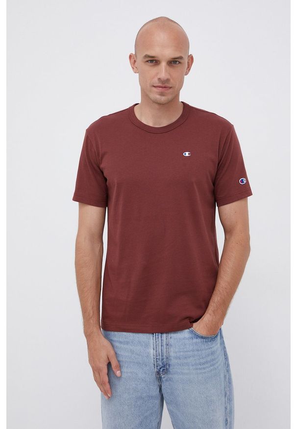 Champion - T-shirt bawełniany. Okazja: na co dzień. Kolor: brązowy. Materiał: bawełna. Wzór: gładki, aplikacja. Styl: casual