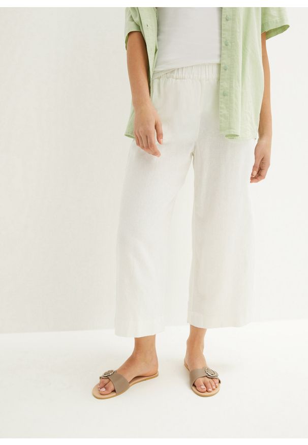 bonprix - Spodnie culotte z lnem, dł. do łydki. Kolor: biały. Materiał: len
