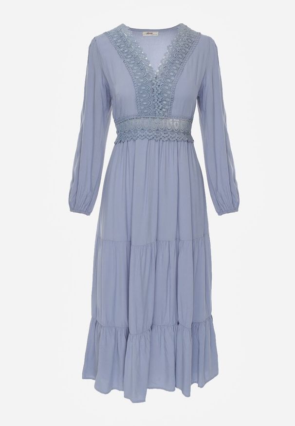 Renee - Niebieska Sukienka Rozkloszowana z Falbanką i Koronką Kiaya. Kolor: niebieski. Materiał: koronka. Wzór: koronka. Długość: maxi