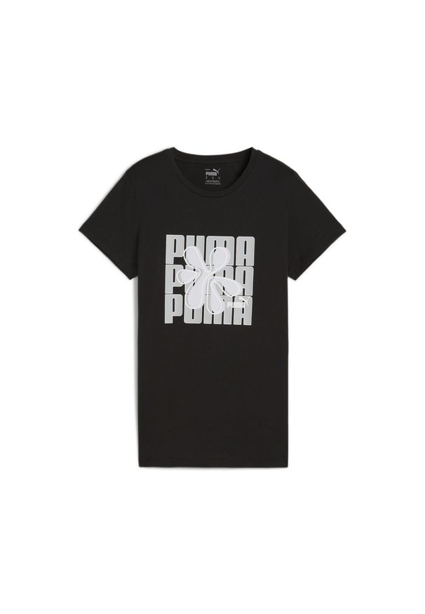 Puma - Damska koszulka GRAPHICS PUMA Black. Kolor: czarny. Materiał: bawełna. Wzór: nadruk. Sport: fitness, joga i pilates