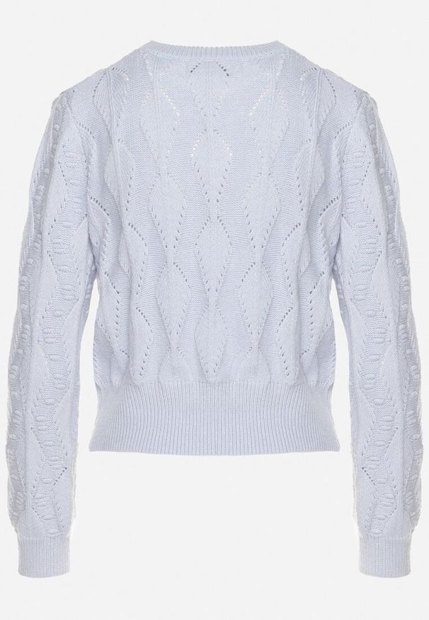 Born2be - Niebieski Sweter Ozdobiony Tłoczeniem i Kwiatkami Eretina. Okazja: na co dzień. Kolor: niebieski. Materiał: jeans. Wzór: aplikacja, kwiaty. Styl: casual