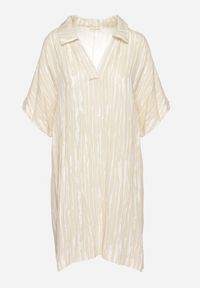 Born2be - Beżowa Sukienka z Bawełny i Lnu z Kołnierzykiem Bumstolia. Okazja: na co dzień. Typ kołnierza: dekolt w kształcie V. Kolekcja: plus size. Kolor: beżowy. Materiał: bawełna, len. Typ sukienki: proste, dla puszystych. Styl: casual #5
