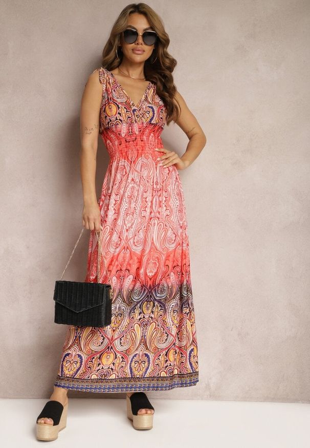 Renee - Pomarańczowa Sukienka z Mozaikowym Wzorem Boho Gumką w Pasie i Sznurkami na Ramionach Ainervea. Kolor: pomarańczowy. Materiał: tkanina. Sezon: lato. Styl: boho