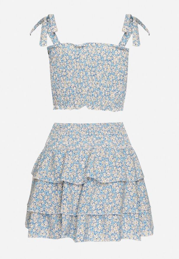 Born2be - Niebieski Komplet Top na Wiązanych Ramiączkach Spódnica z Falbanką i Gumką w Pasie Testalina. Kolor: niebieski. Materiał: materiał. Wzór: kwiaty, aplikacja