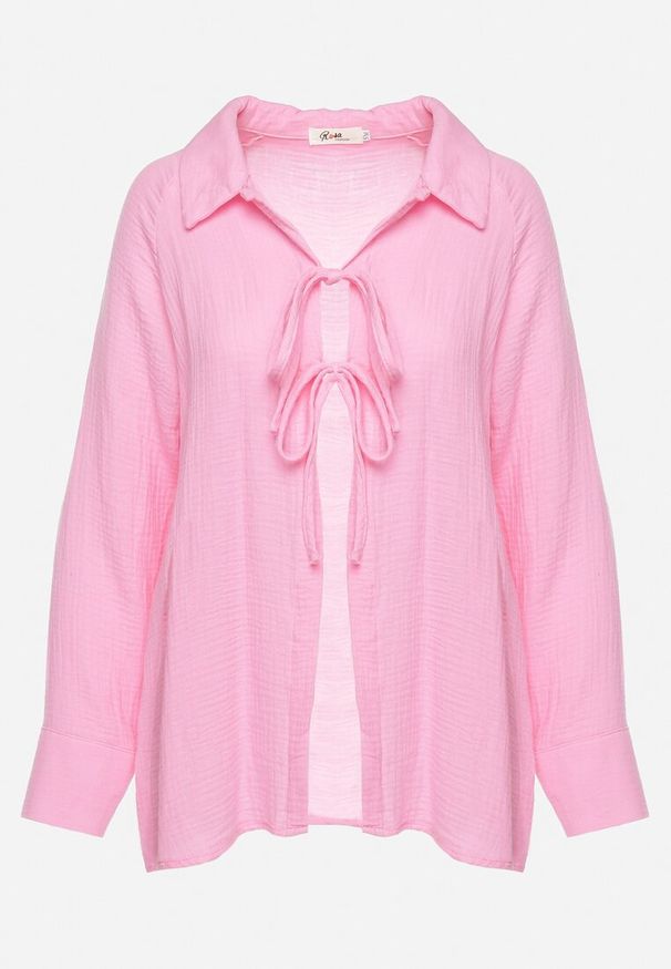 Born2be - Różowa Bawełniana Bluzka z Kołnierzykiem i Wiązaniem z Przodu Abilla. Kolor: różowy. Materiał: bawełna. Styl: klasyczny, elegancki
