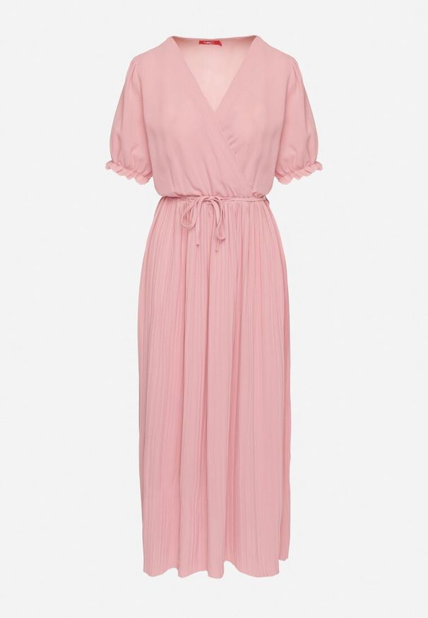 Born2be - Różowa Kopertowa Sukienka z Bawełną i Paskiem Ivellevia. Okazja: na co dzień. Typ kołnierza: dekolt w serek. Kolor: różowy. Materiał: bawełna. Długość rękawa: długi rękaw. Sezon: lato. Typ sukienki: kopertowe. Styl: klasyczny, casual, elegancki