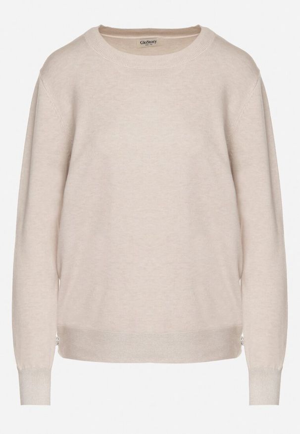 Born2be - Beżowy Sweter z Guzikami z Boku Tusiana. Okazja: na co dzień. Kolor: beżowy. Materiał: jeans. Styl: klasyczny, casual