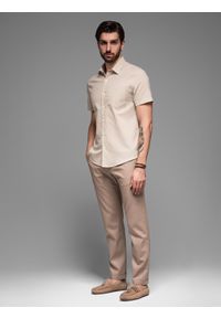 Ombre Clothing - Koszula męska z lnu i bawełny z krótkim rękawem i kieszonką – beżowa V4. Kolor: beżowy. Materiał: len, bawełna. Długość rękawa: krótki rękaw. Długość: krótkie. Sezon: lato