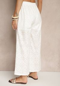 Renee - Białe Spodnie High Waist z Bawełnianej Tkaniny Zdobionej Haftem Mevirona. Okazja: na co dzień. Stan: podwyższony. Kolor: biały. Materiał: bawełna, tkanina. Wzór: haft, aplikacja. Styl: casual, elegancki #3