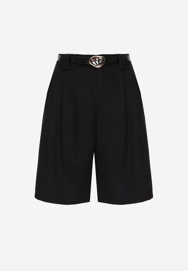 Renee - Czarne Szorty Bermudy Eleganckie z Paskiem High Waist Rhodissa. Okazja: na co dzień. Stan: podwyższony. Kolor: czarny. Materiał: materiał. Styl: elegancki