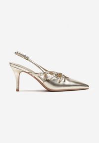 Renee - Złote Sandały na Cienkiej Szpilce z Imitacji Skóry z Regulowanymi Paskami Vianara. Okazja: na imprezę, na co dzień. Zapięcie: pasek. Kolor: złoty. Materiał: skóra. Wzór: paski. Sezon: lato. Styl: casual, klasyczny #2