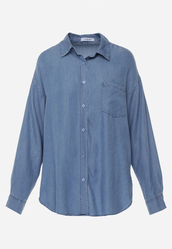 Born2be - Niebieska Koszula Jeansowa z Bawełną Ozdobiona Kieszonką Koreti. Okazja: na co dzień. Kolor: niebieski. Materiał: jeans, bawełna. Wzór: aplikacja. Styl: casual, klasyczny, elegancki