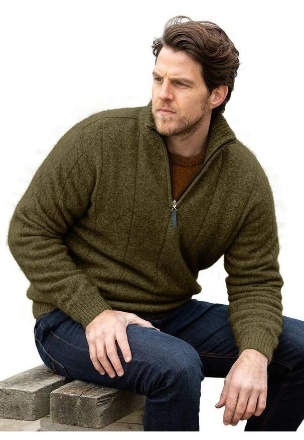 WEFT - Wełniany sweter męski Weft Possum Merino Javelin Zip Neck. Kolor: zielony. Materiał: wełna