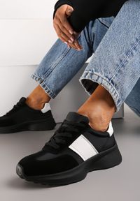 Born2be - Czarne Sneakersy ze Skóry Naturalnej Ozdobione Wstawkami z Ekozamszu Brialle. Kolor: czarny. Materiał: skóra. Wzór: aplikacja #4
