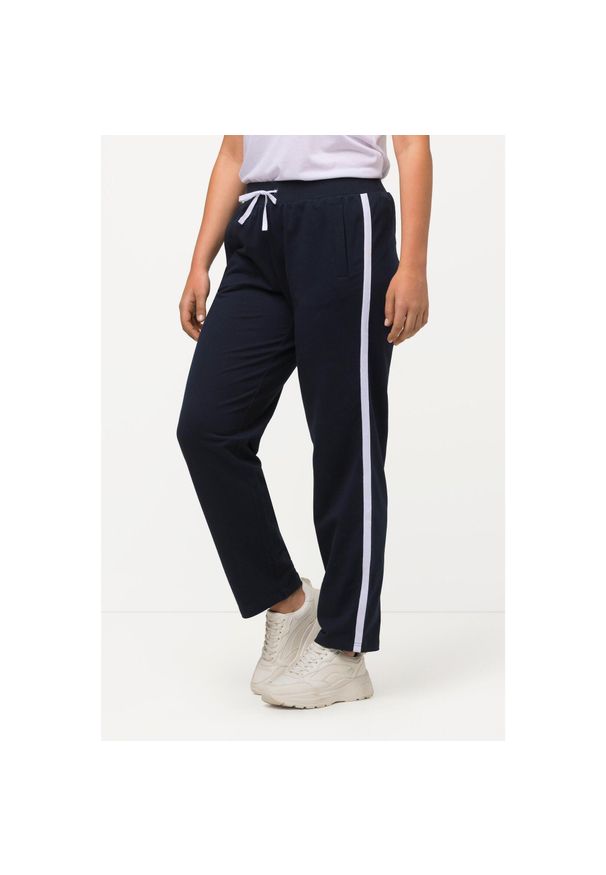 ULLA POPKEN - Damskie Spodnie dresowe elastyczny pas paski boczne. Kolekcja: plus size. Kolor: niebieski. Materiał: bawełna, elastan, materiał. Wzór: paski