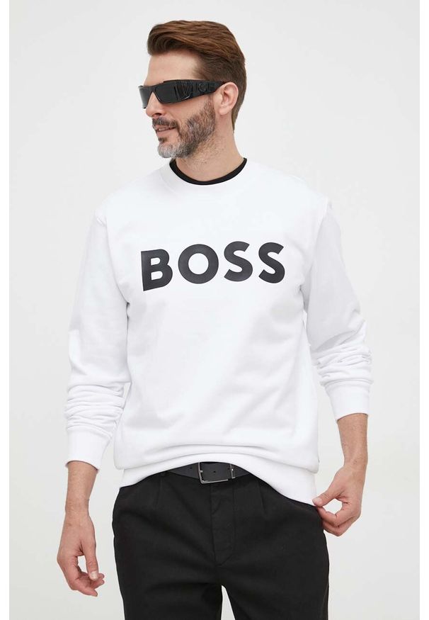 BOSS bluza bawełniana męska kolor biały z nadrukiem. Kolor: biały. Materiał: bawełna. Wzór: nadruk. Styl: klasyczny