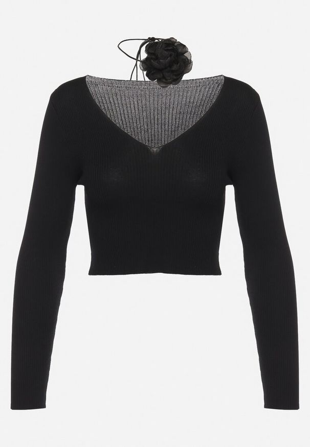 Born2be - Czarna Krótka Bluzka z Prążkowanej Dzianiny z Kwiatkiem Wiązanym przy Szyi Invicala. Kolor: czarny. Materiał: dzianina, prążkowany. Długość: krótkie. Wzór: kwiaty. Styl: elegancki