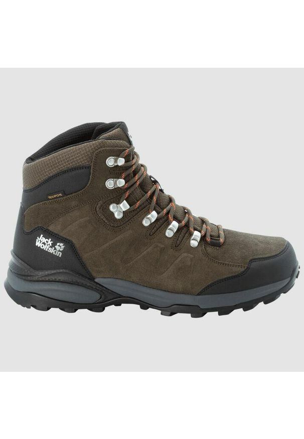 Buty trekkingowe męskie Jack Wolfskin Refugio Texapore Mid. Wysokość cholewki: za kostkę. Zapięcie: sznurówki. Kolor: brązowy, zielony, szary, wielokolorowy. Materiał: guma, syntetyk, zamsz, materiał. Szerokość cholewki: normalna