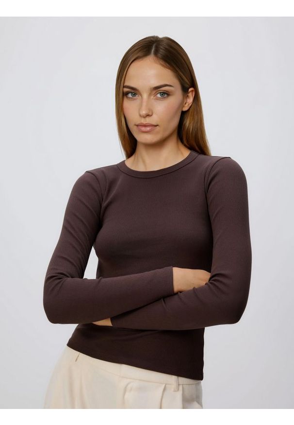 Reserved - Longsleeve w prążek - ciemnobrązowy. Kolor: brązowy. Materiał: bawełna. Długość rękawa: długi rękaw. Wzór: prążki