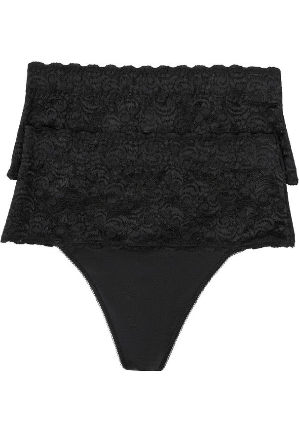 bonprix - Stringi o średnim stopniu modelowania sylwetki (2 pary). Kolor: czarny. Materiał: koronka. Wzór: koronka