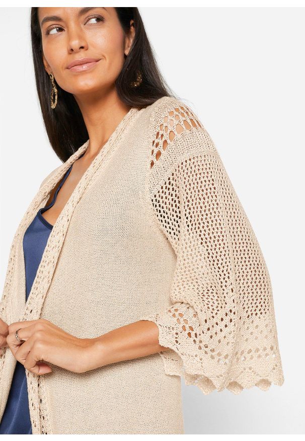 bonprix - Długi sweter ażurowy bez zapięcia. Kolor: beżowy. Długość: długie. Wzór: ażurowy. Sezon: wiosna. Styl: elegancki