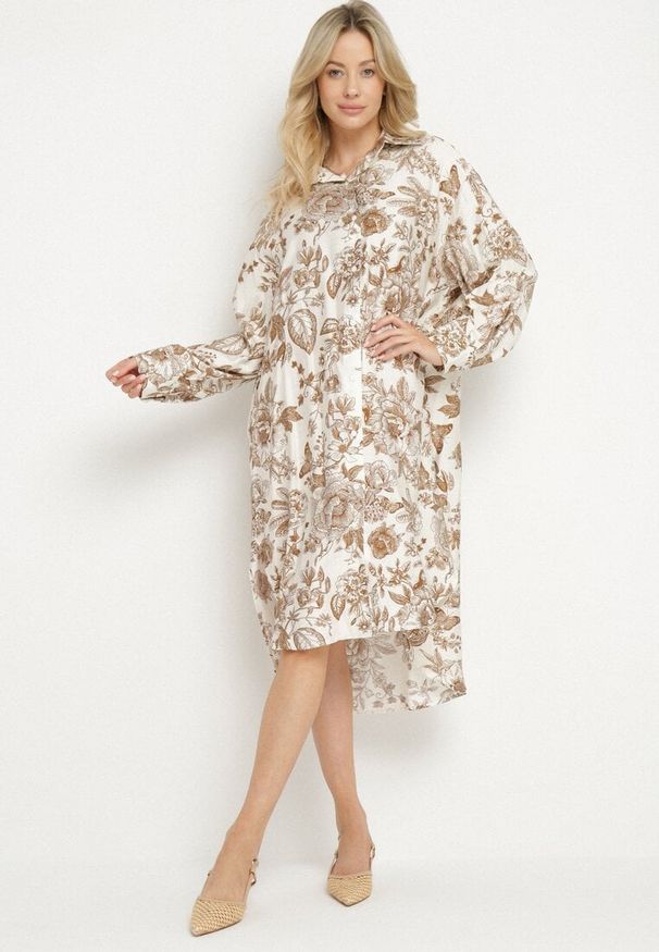 Born2be - Beżowa Wiskozowa Sukienka Koszulowa w Kwiaty Varvesa. Okazja: na co dzień. Typ kołnierza: kołnierzyk klasyczny. Kolor: beżowy. Materiał: wiskoza. Długość rękawa: długi rękaw. Wzór: kwiaty. Typ sukienki: koszulowe. Styl: elegancki, klasyczny, casual