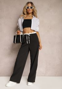 Renee - Czarne Materiałowe Spodnie z Szerokimi Nogawkami High Waist z Gumką w Talii Comina. Okazja: na co dzień. Stan: podwyższony. Kolor: czarny. Materiał: materiał. Styl: casual, elegancki