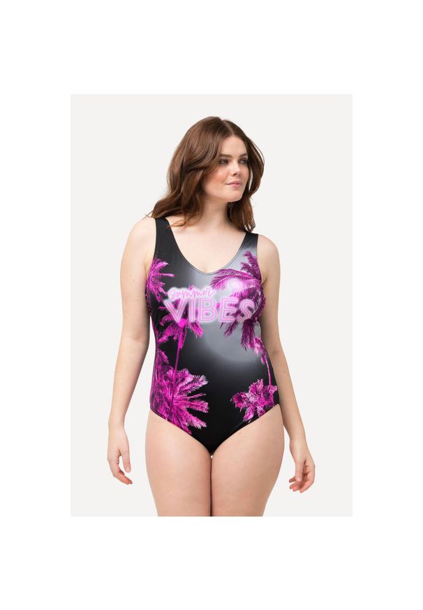 ULLA POPKEN - Damski Kostium kąpielowy Summer Vibes bez miękkich miseczek marszczenia. Kolekcja: plus size. Kolor: czarny. Materiał: poliester, elastan, poliamid, materiał
