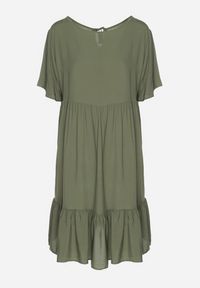 Born2be - Ciemnozielona Sukienka z Bawełny o Rozkloszowanym Kroju z Wiązaniem przy Dekolcie Mepilea. Okazja: na co dzień. Kolor: zielony. Materiał: bawełna. Długość rękawa: krótki rękaw. Sezon: wiosna, lato. Typ sukienki: rozkloszowane. Styl: klasyczny, casual, elegancki #4
